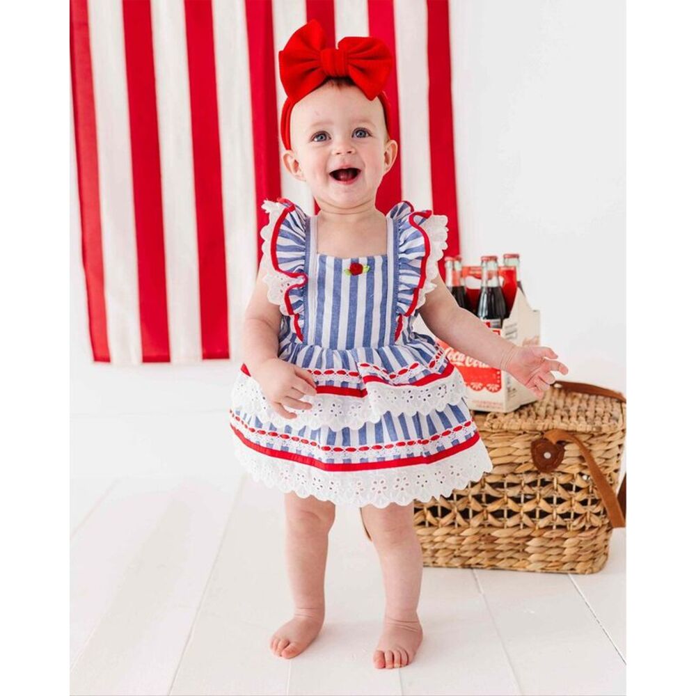 Bums & Roses Girls  Blue Stripe Tiered Ruffle Dress, Multicolor